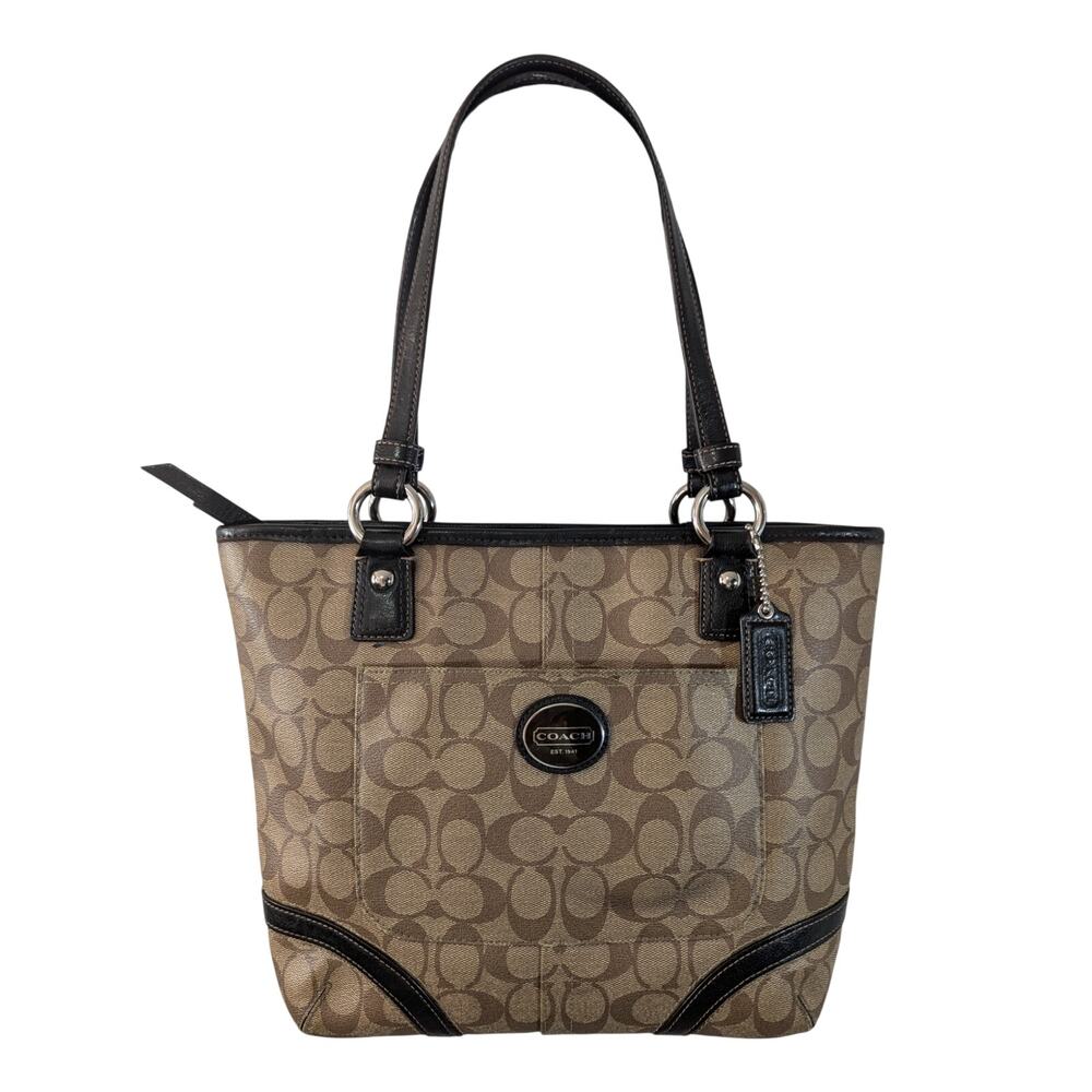 COACH! LUXE BROWN GENUINE LEATHER & TAN MONOGRAM PEYTON HANDBAG, PURSE, BAG! - Picture 2 of 14